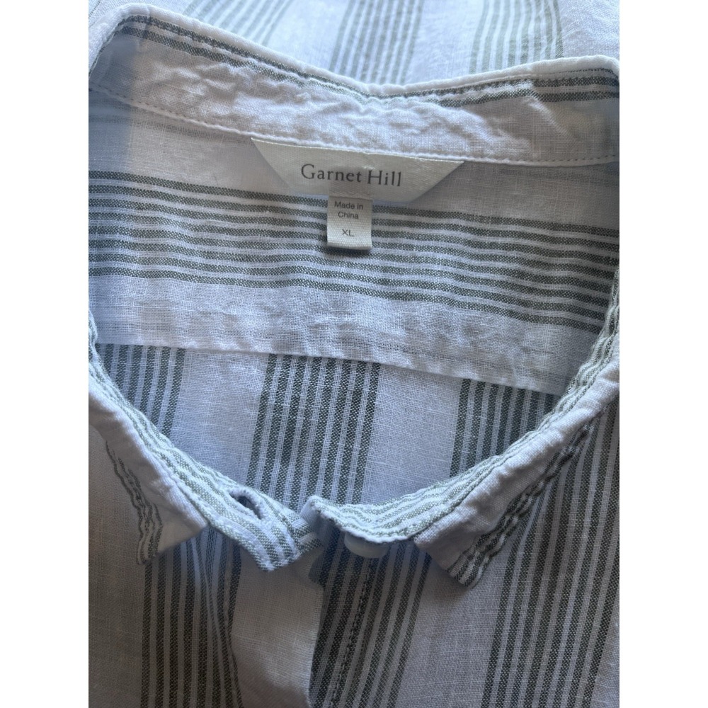 GARNET HILL Sz L 100% Linen Shirt Button Up Tunic White Green Stripe Coastal - Picture 8 of 8